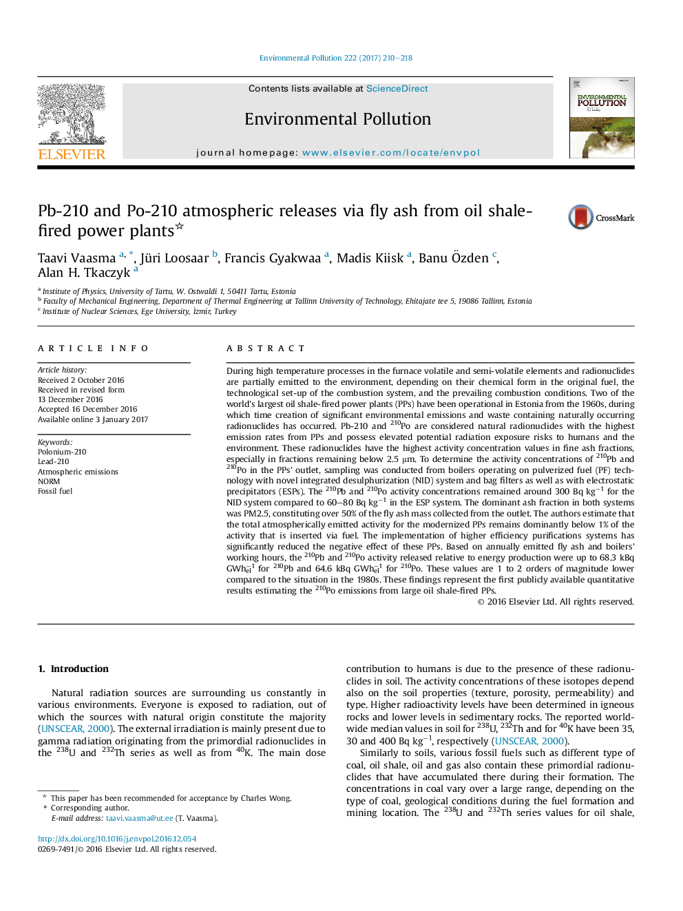 عکس صفحه اول مقاله: Pb-210 and Po-210 atmospheric releases via fly ash from oil shale-fired power plants Pb-210 and Po-210 atmospheric releases via fly ash from oil shale-fired power plants