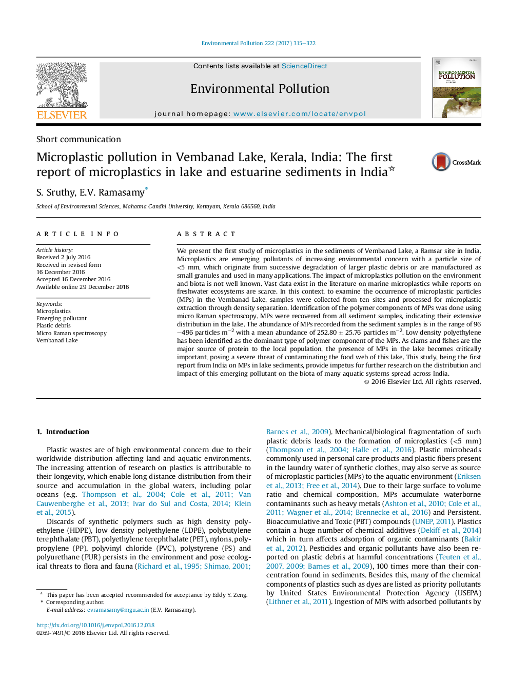 Short communicationMicroplastic pollution in Vembanad Lake, Kerala, India: The first report of microplastics in lake and estuarine sediments in India