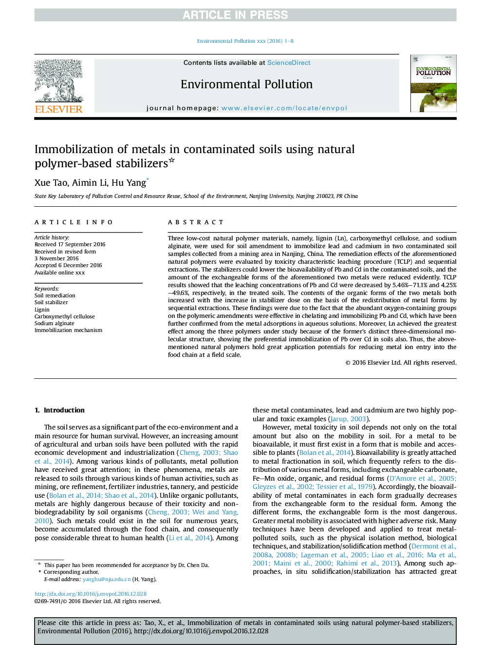 Immobilization of metals in contaminated soils using natural polymer-based stabilizers