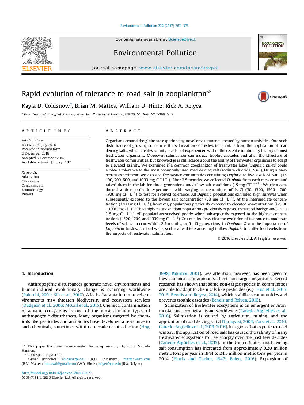 Rapid evolution of tolerance to road salt in zooplankton