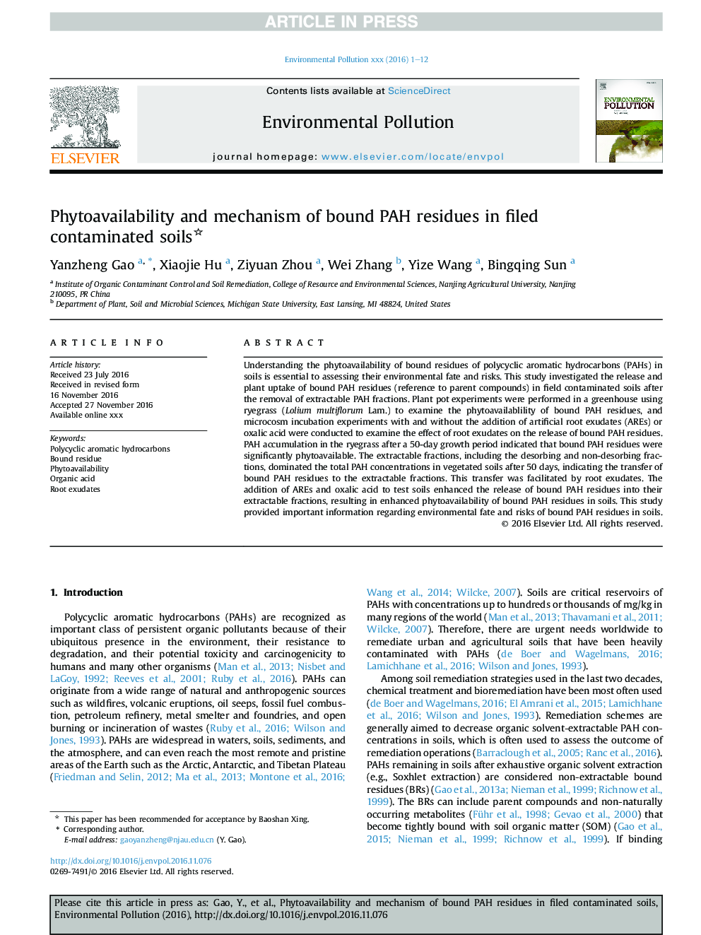 Phytoavailability and mechanism of bound PAH residues in filed contaminated soils