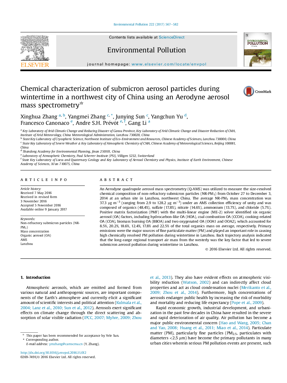 عکس صفحه اول مقاله: Chemical characterization of submicron aerosol particles during wintertime in a northwest city of China using an Aerodyne aerosol mass spectrometry Chemical characterization of submicron aerosol particles during wintertime in a northwest city of China using an Aerodyne aerosol mass spectrometry