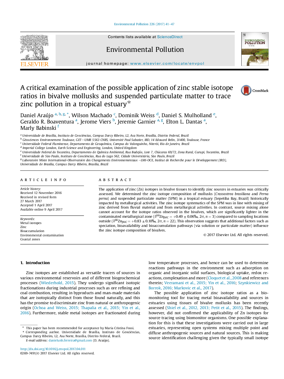 A critical examination of the possible application of zinc stable isotope ratios in bivalve mollusks and suspended particulate matter to trace zinc pollution in a tropical estuary