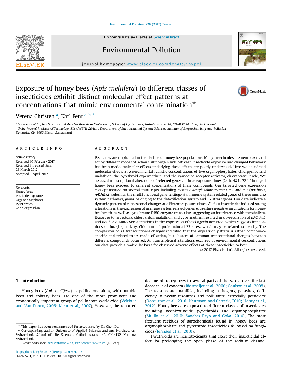 Exposure of honey bees (Apis mellifera) to different classes of insecticides exhibit distinct molecular effect patterns at concentrations that mimic environmental contamination