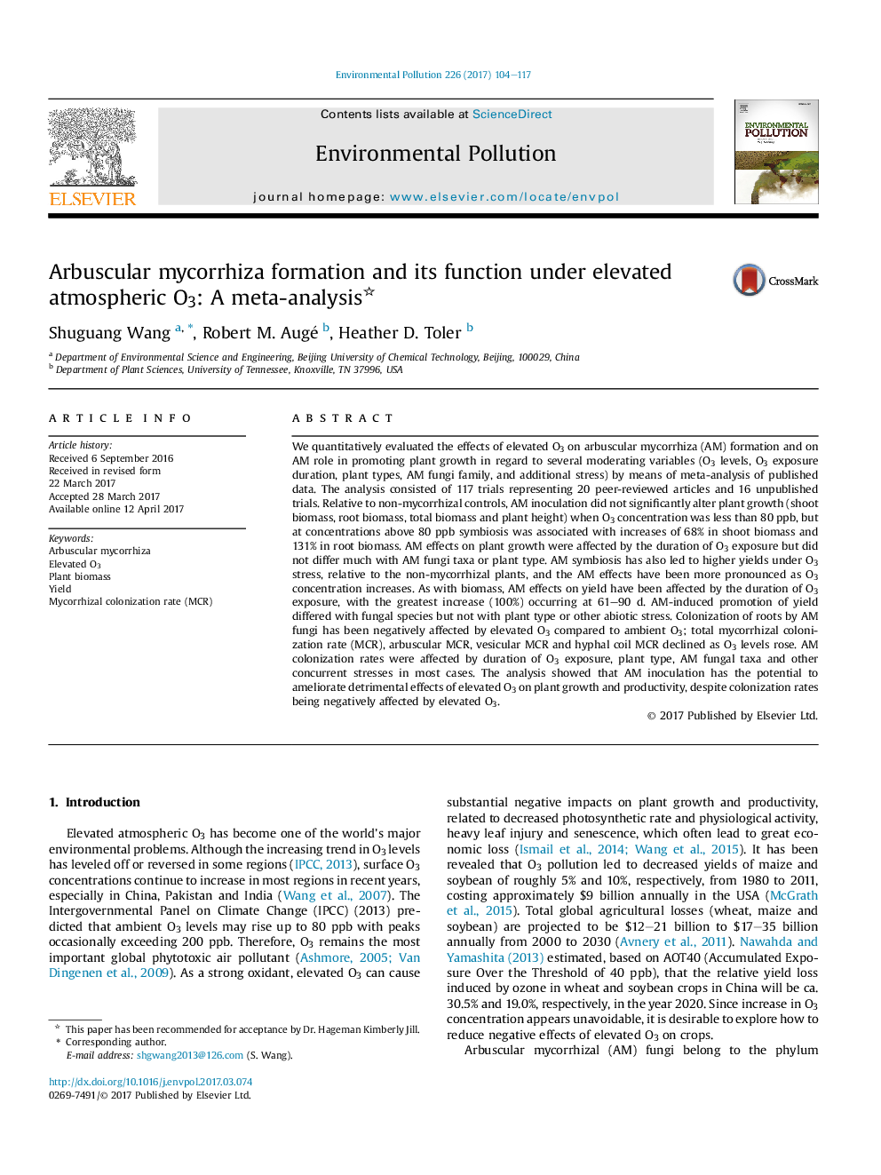 Arbuscular mycorrhiza formation and its function under elevated atmospheric O3: A meta-analysis