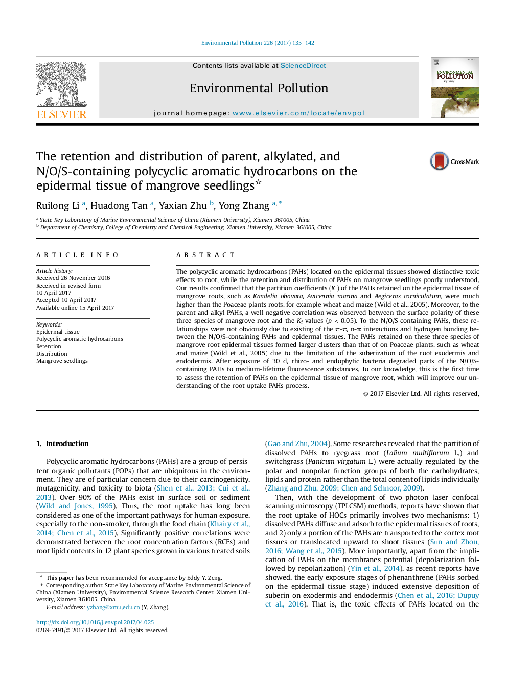 The retention and distribution of parent, alkylated, and N/O/S-containing polycyclic aromatic hydrocarbons on the epidermal tissue of mangrove seedlings