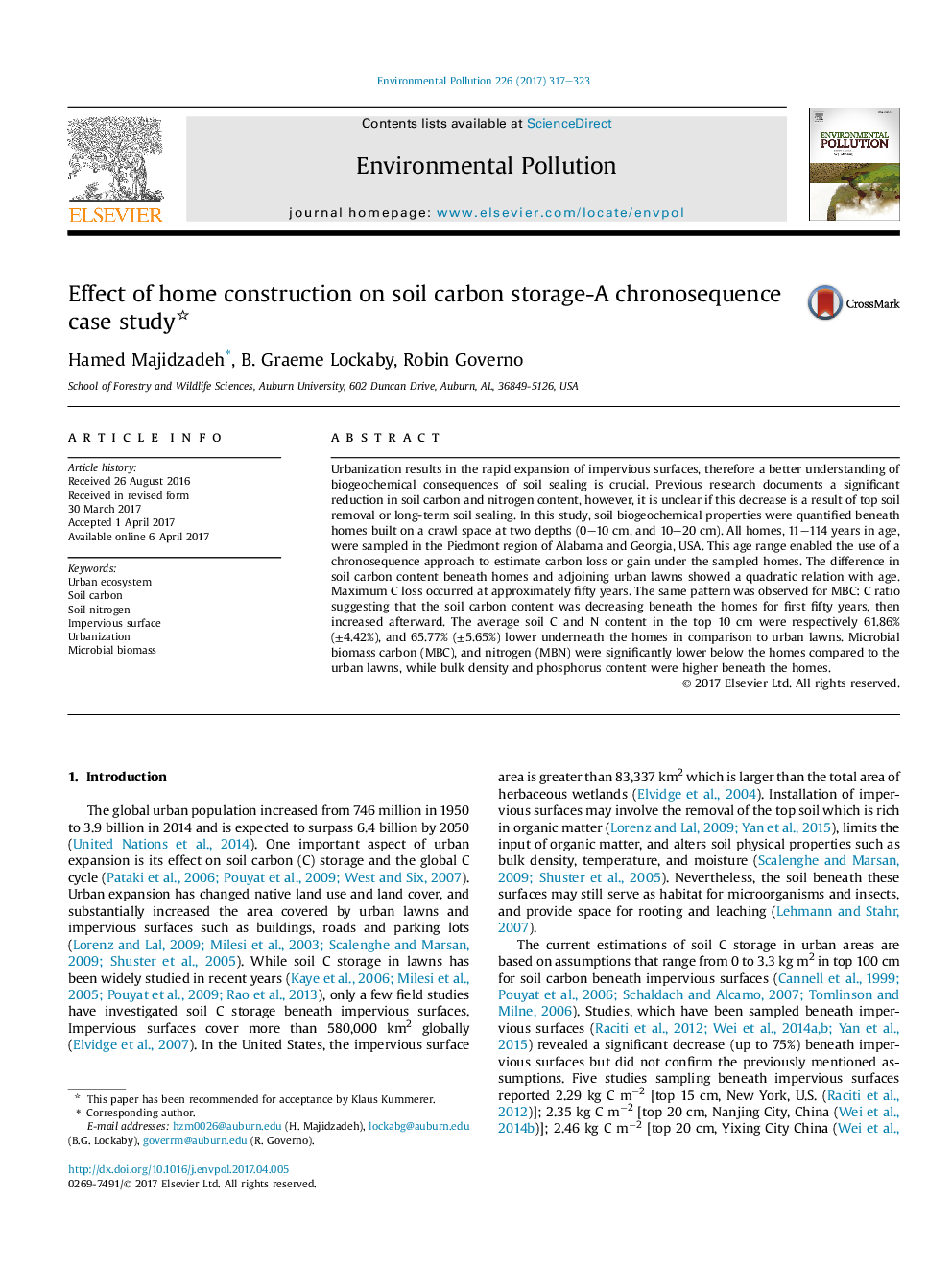 Effect of home construction on soil carbon storage-A chronosequence case study