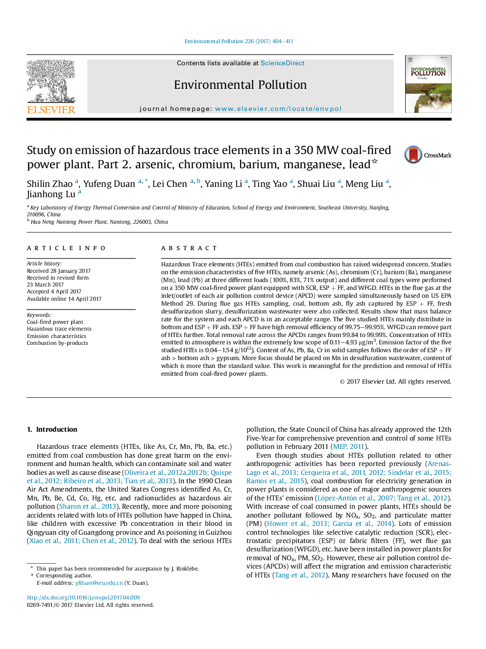 Study on emission of hazardous trace elements in a 350Â MW coal-fired power plant. Part 2. arsenic, chromium, barium, manganese, lead