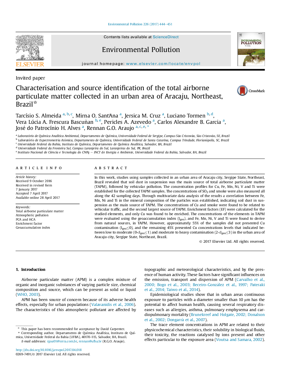 Invited paperCharacterisation and source identification of the total airborne particulate matter collected in an urban area of Aracaju, Northeast, Brazil