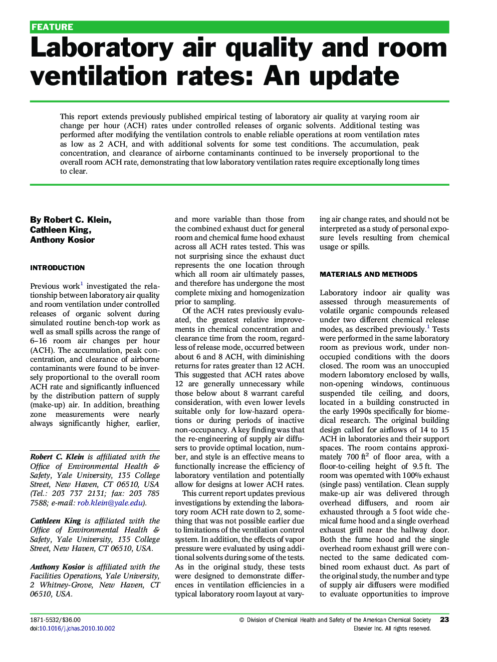 Laboratory air quality and room ventilation rates: An update