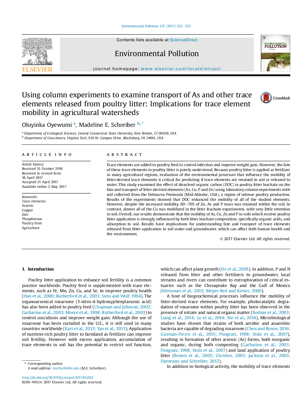 Using column experiments to examine transport of As and other trace elements released from poultry litter: Implications for trace element mobility in agricultural watersheds