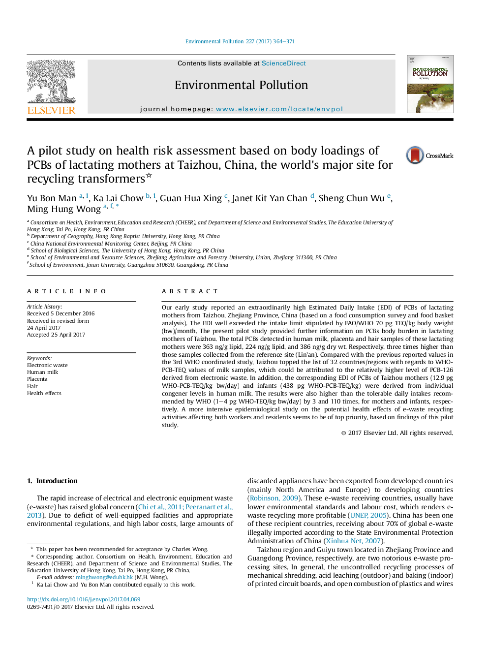 A pilot study on health risk assessment based on body loadings of PCBs of lactating mothers at Taizhou, China, the world's major site for recycling transformers