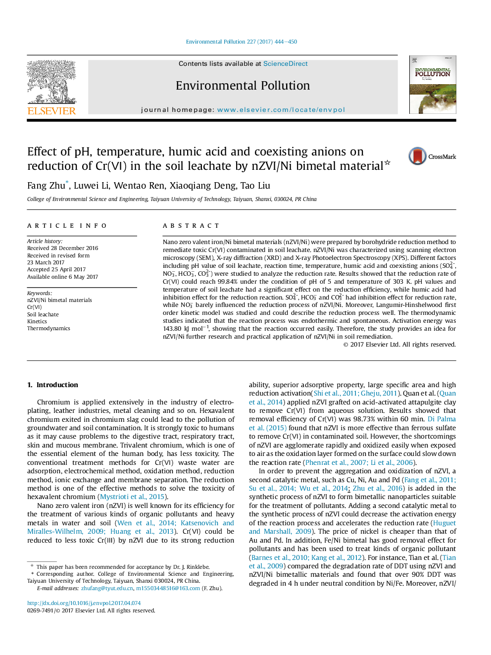 Effect of pH, temperature, humic acid and coexisting anions on reduction of Cr(â¥) in the soil leachate by nZVI/Ni bimetal material