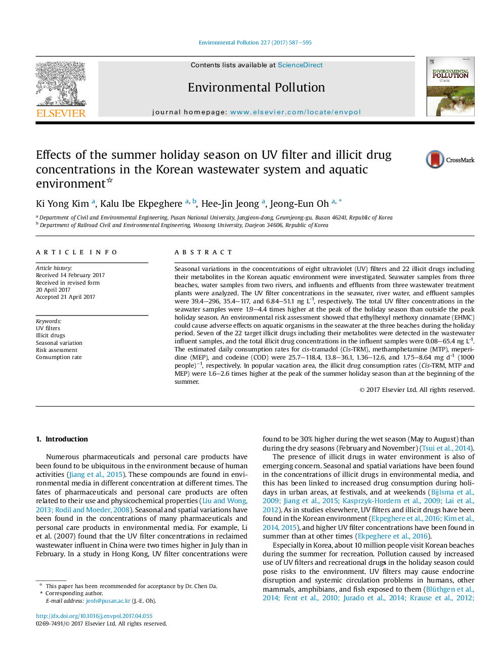 عکس صفحه اول مقاله: Effects of the summer holiday season on UV filter and illicit drug concentrations in the Korean wastewater system and aquatic environment Effects of the summer holiday season on UV filter and illicit drug concentrations in the Korean wastewater system and aquatic environment