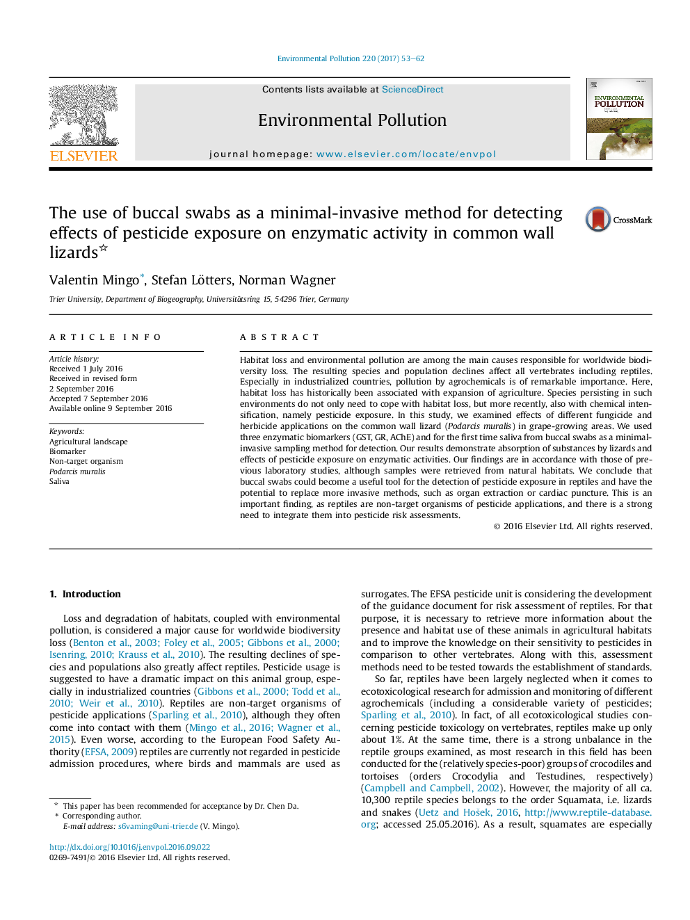 The use of buccal swabs as a minimal-invasive method for detecting effects of pesticide exposure on enzymatic activity in common wall lizards