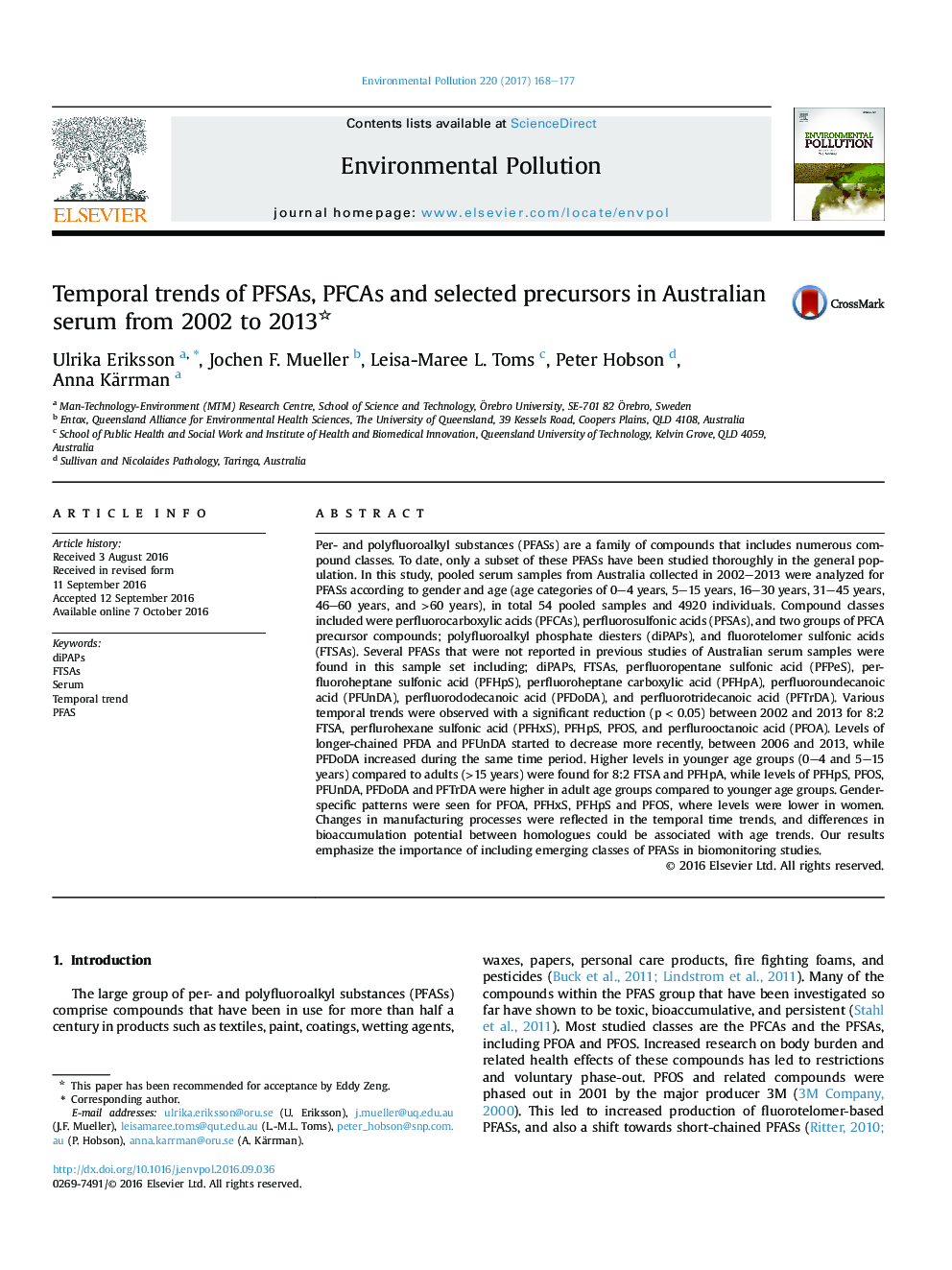 Temporal trends of PFSAs, PFCAs and selected precursors in Australian serum from 2002 to 2013