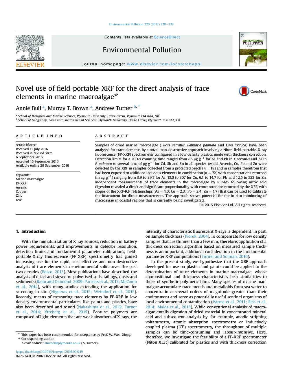 Novel use of field-portable-XRF for the direct analysis of trace elements in marine macroalgae