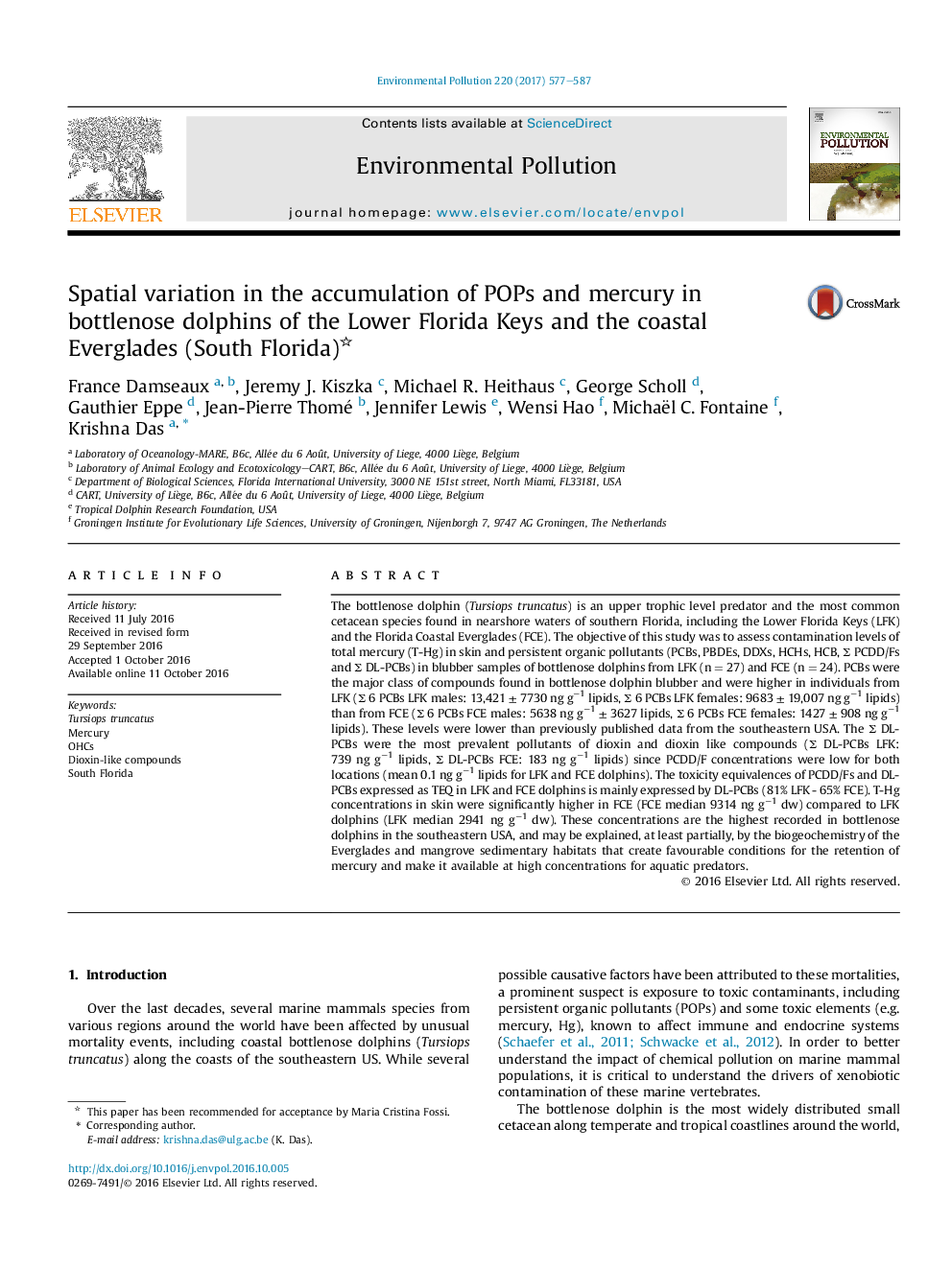 Spatial variation in the accumulation of POPs and mercury in bottlenose dolphins of the Lower Florida Keys and the coastal Everglades (South Florida)