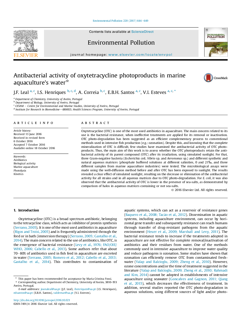 Antibacterial activity of oxytetracycline photoproducts in marine aquaculture's water