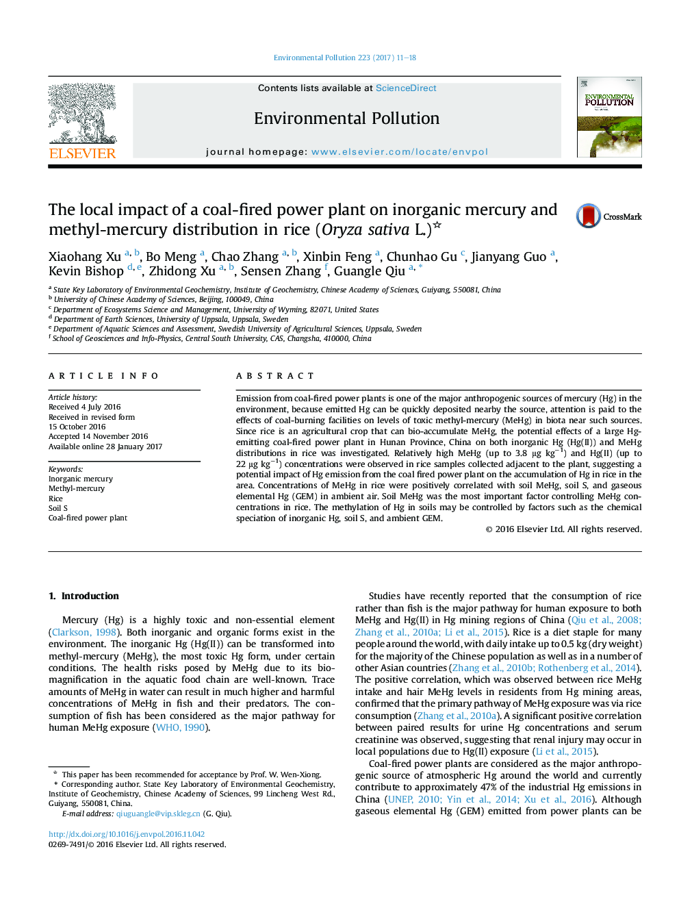 The local impact of a coal-fired power plant on inorganic mercury and methyl-mercury distribution in rice (Oryza sativa L.)