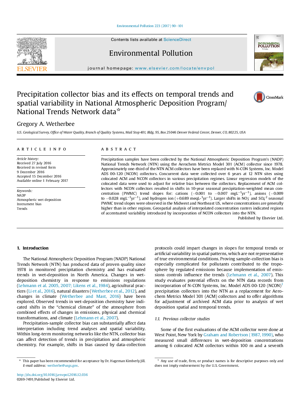 Precipitation collector bias and its effects on temporal trends and spatial variability in National Atmospheric Deposition Program/National Trends Network data