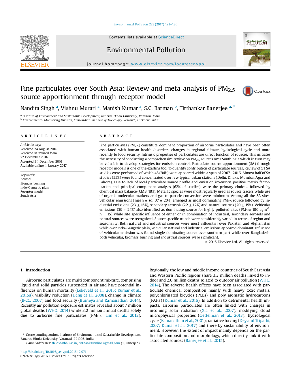 Fine particulates over South Asia: Review and meta-analysis of PM2.5 source apportionment through receptor model