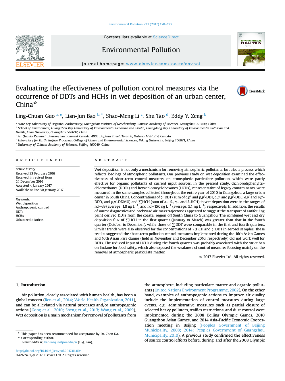 Evaluating the effectiveness of pollution control measures via the occurrence of DDTs and HCHs in wet deposition of an urban center, China