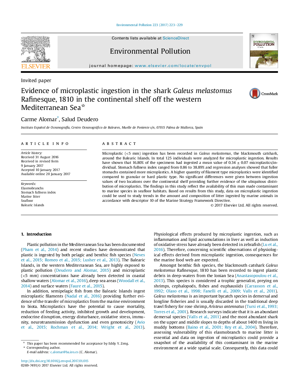 Invited paperEvidence of microplastic ingestion in the shark Galeus melastomus Rafinesque, 1810 in the continental shelf off the western Mediterranean Sea