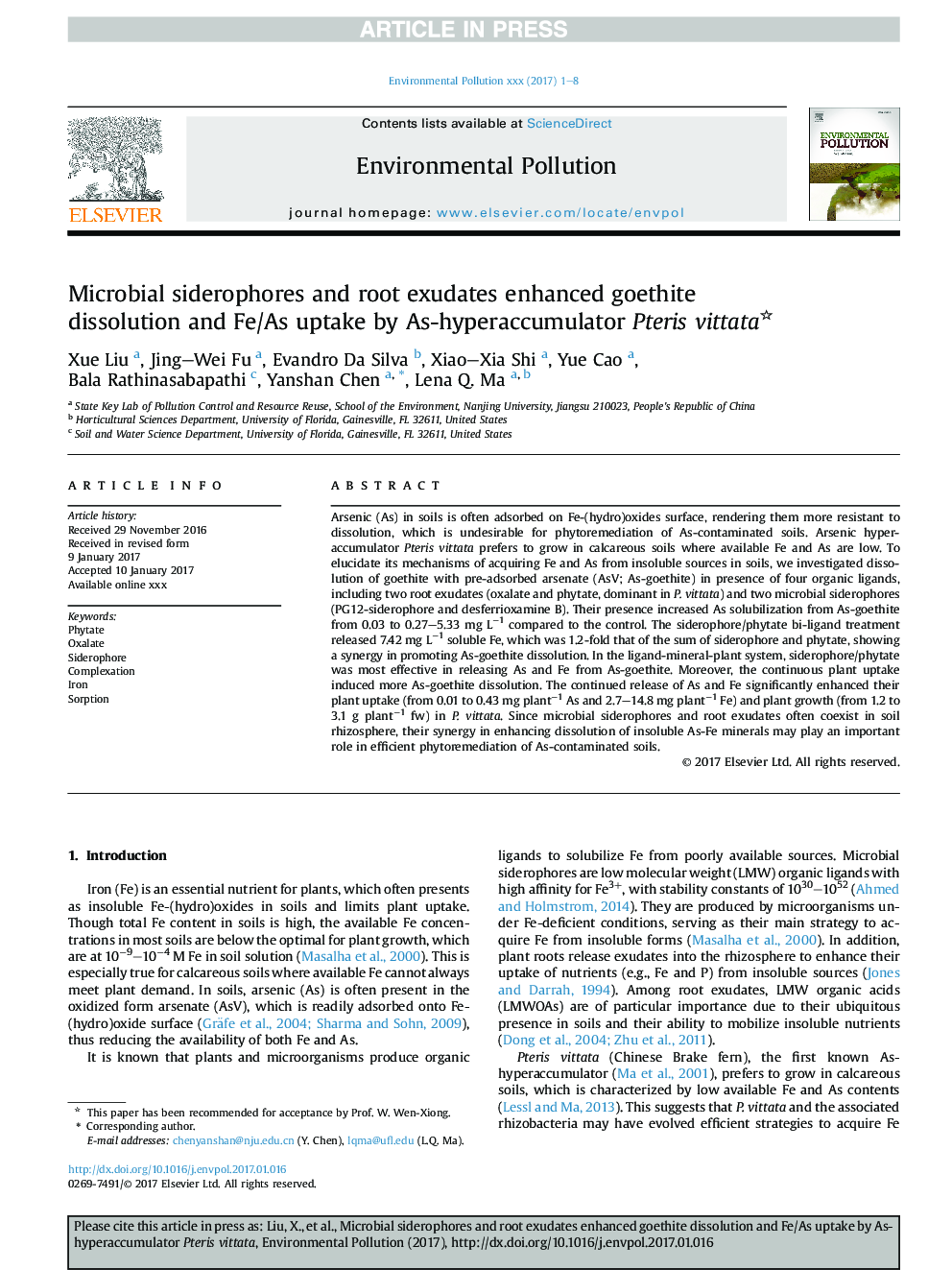 Microbial siderophores and root exudates enhanced goethite dissolution and Fe/As uptake by As-hyperaccumulator Pteris vittata