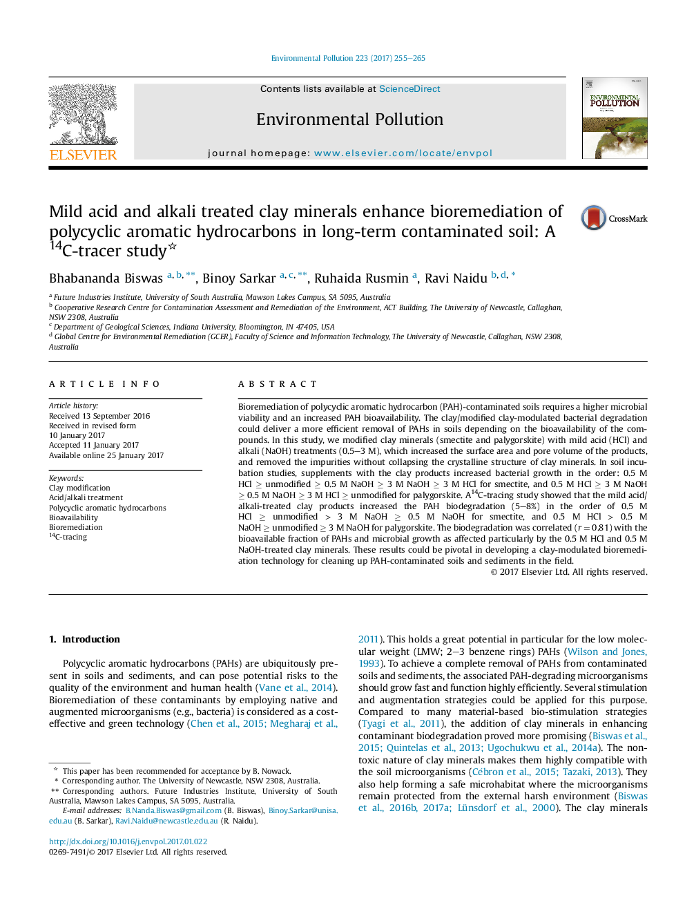 عکس صفحه اول مقاله: Mild acid and alkali treated clay minerals enhance bioremediation of polycyclic aromatic hydrocarbons in long-term contaminated soil: A 14C-tracer study Mild acid and alkali treated clay minerals enhance bioremediation of polycyclic aromatic hydrocarbons in long-term contaminated soil: A 14C-tracer study