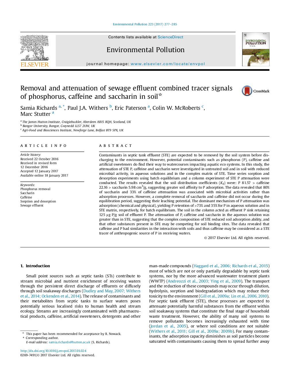 Removal and attenuation of sewage effluent combined tracer signals of phosphorus, caffeine and saccharin in soil