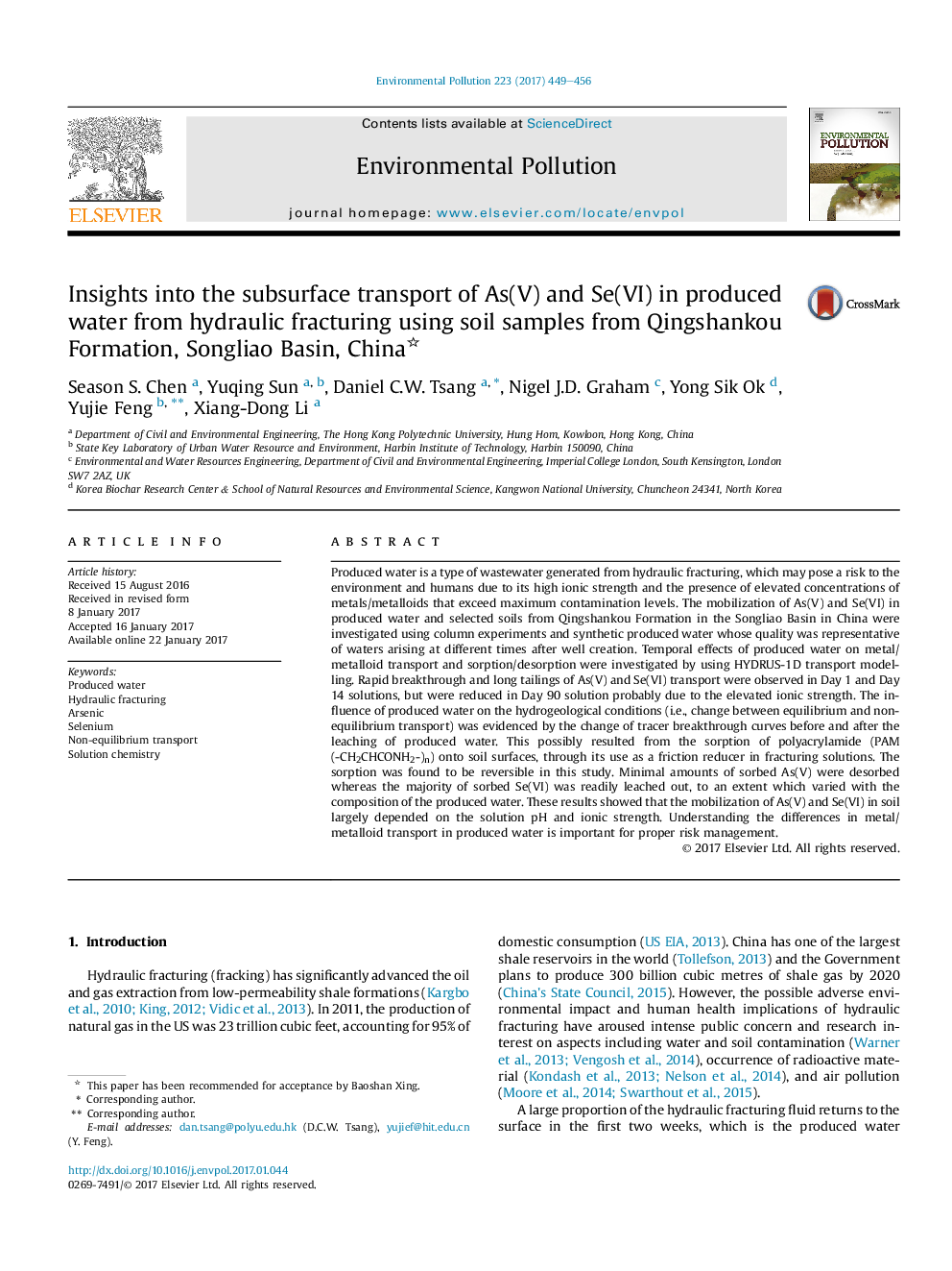 Insights into the subsurface transport of As(V) and Se(VI) in produced water from hydraulic fracturing using soil samples from Qingshankou Formation, Songliao Basin, China