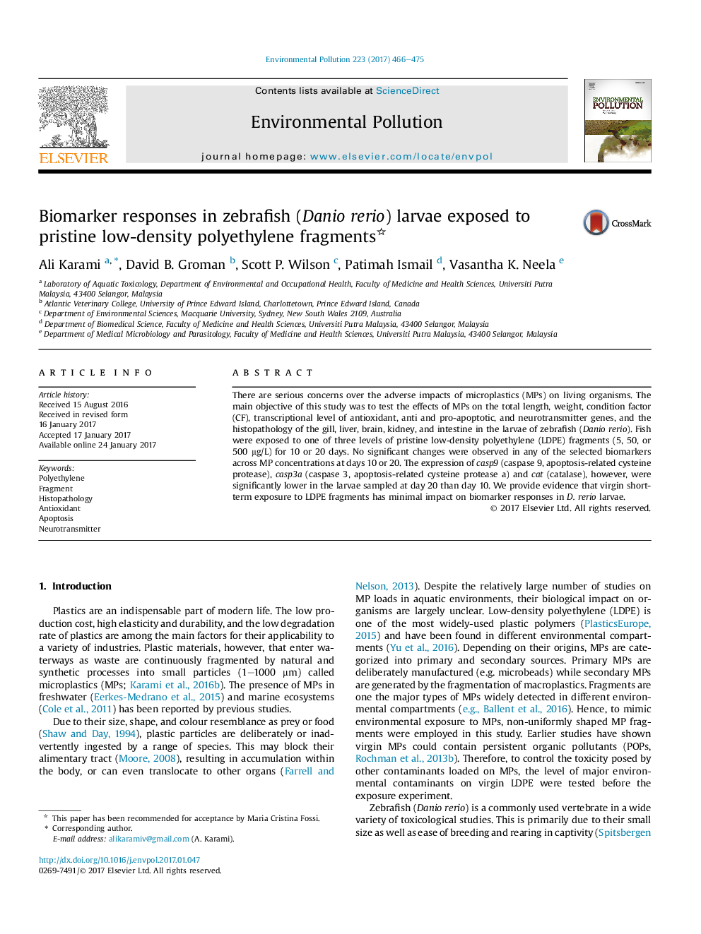 Biomarker responses in zebrafish (Danio rerio) larvae exposed to pristine low-density polyethylene fragments