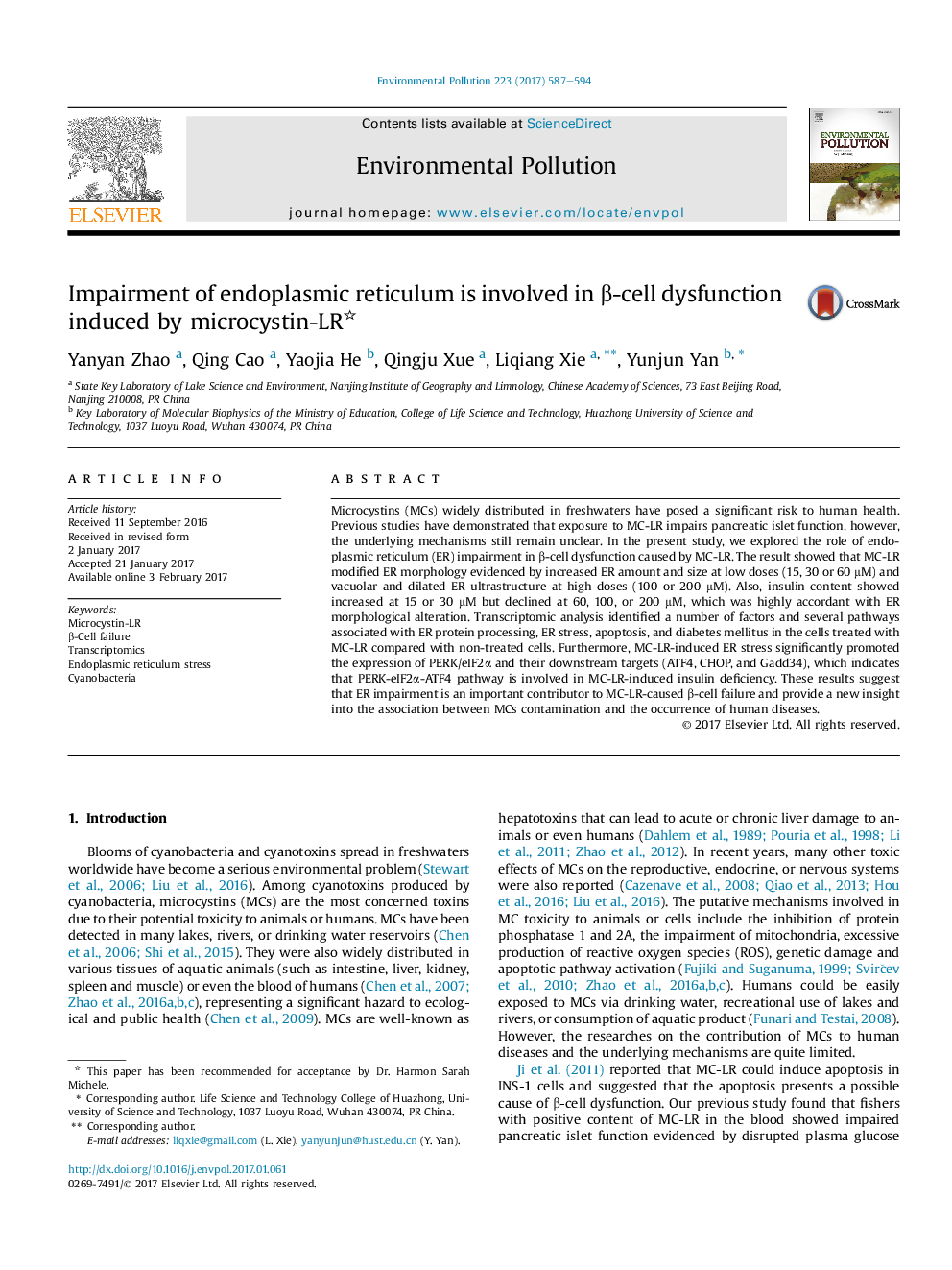 Impairment of endoplasmic reticulum is involved in Î²-cell dysfunction induced by microcystin-LR