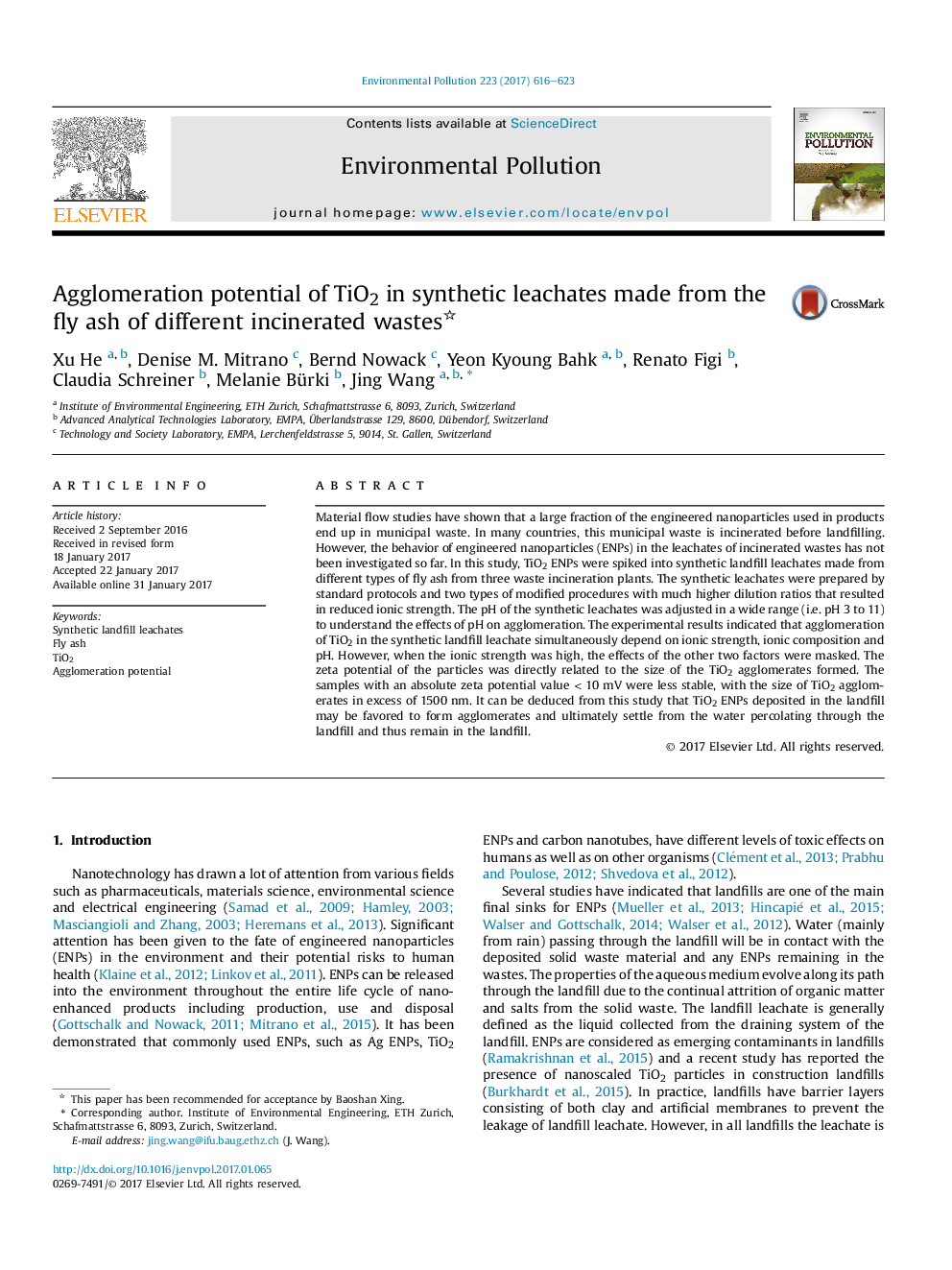 Agglomeration potential of TiO2 in synthetic leachates made from the fly ash of different incinerated wastes