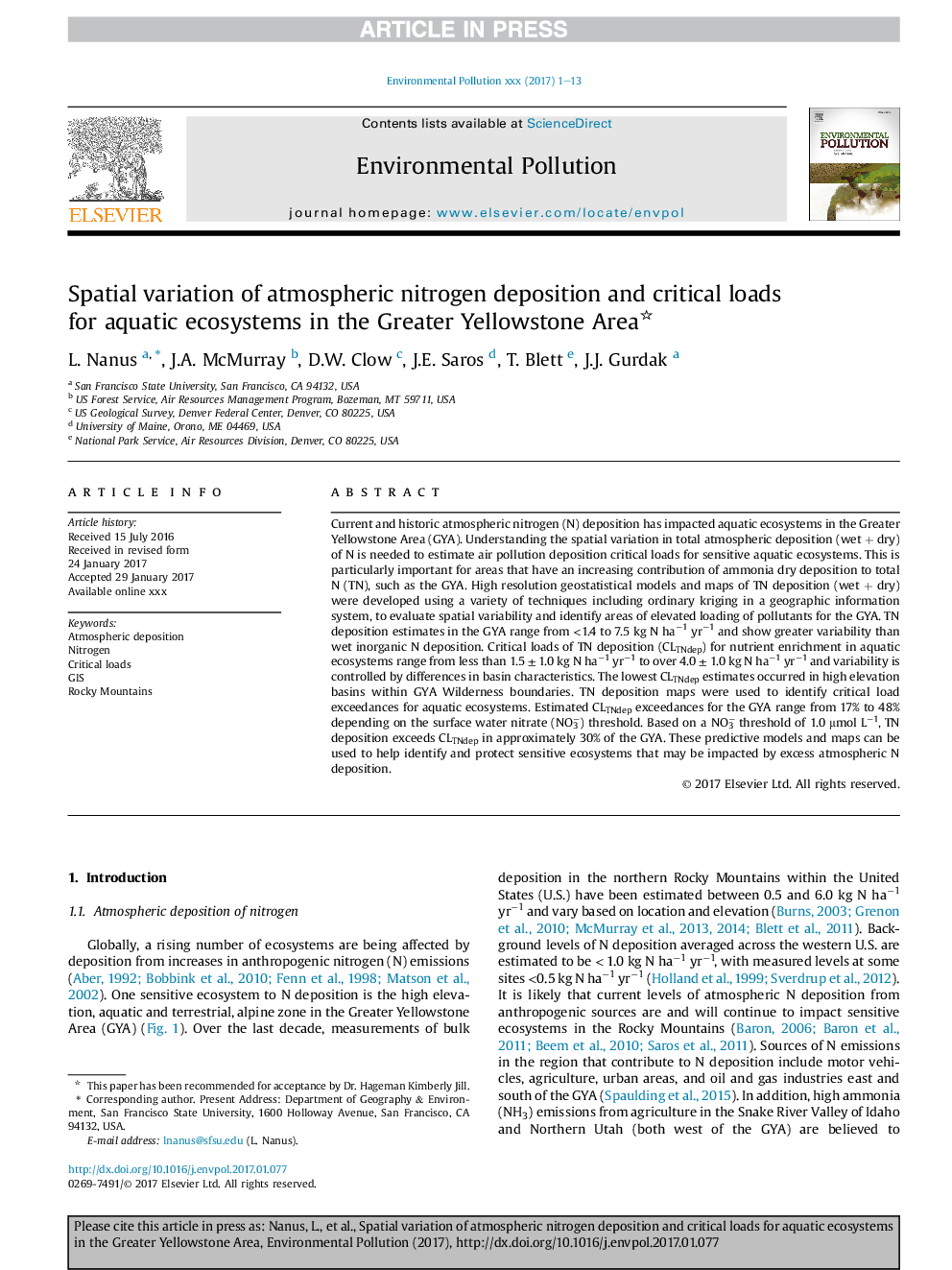 Spatial variation of atmospheric nitrogen deposition and critical loads for aquatic ecosystems in the Greater Yellowstone Area