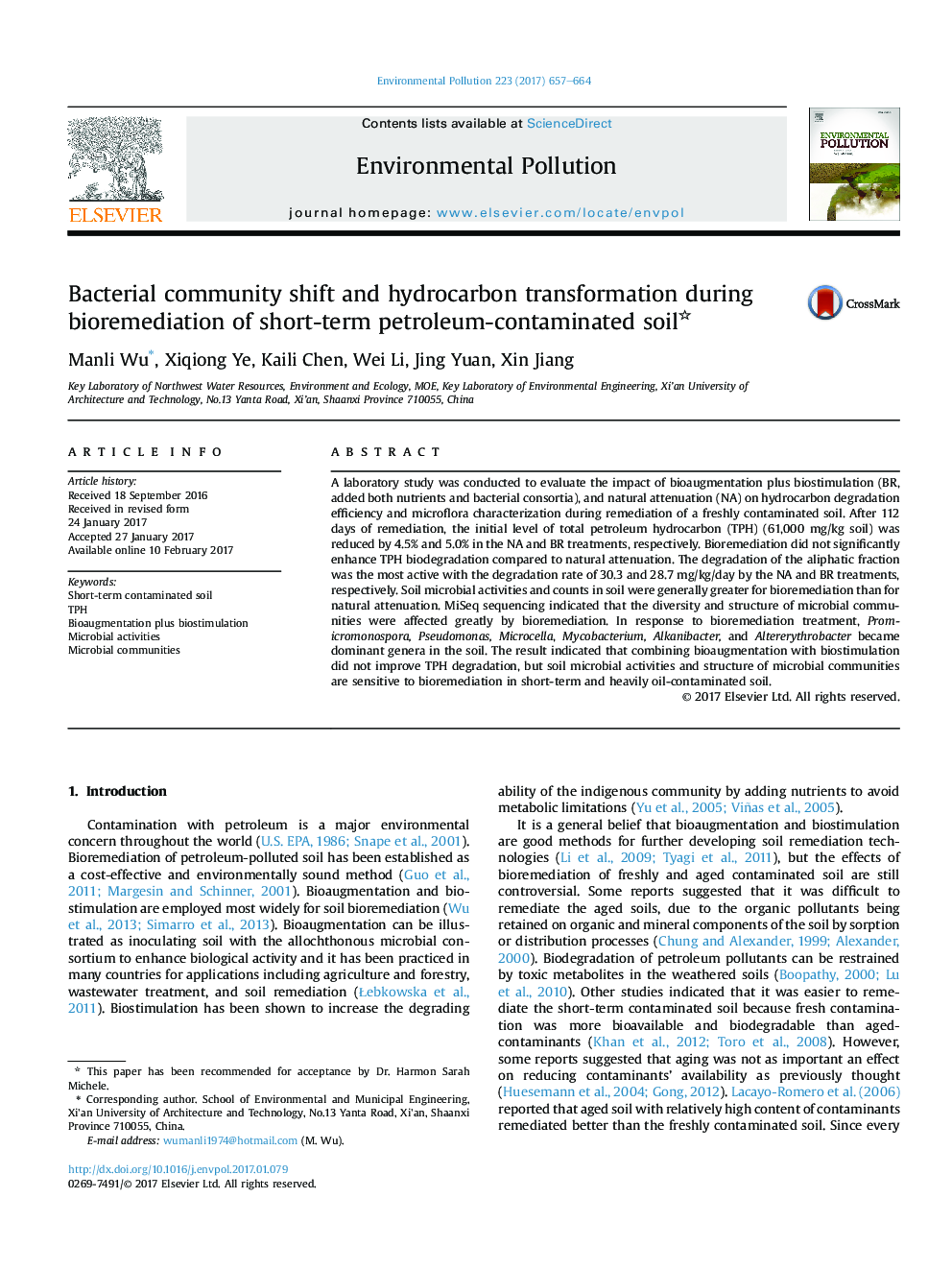 Bacterial community shift and hydrocarbon transformation during bioremediation of short-term petroleum-contaminated soil