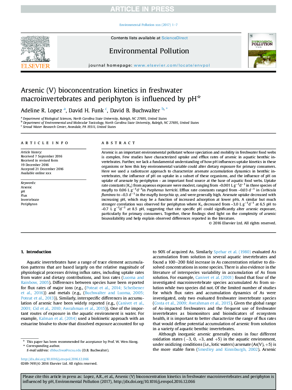 Arsenic (V) bioconcentration kinetics in freshwater macroinvertebrates and periphyton is influenced by pH