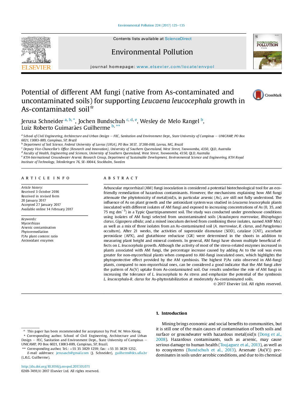 Potential of different AM fungi (native from As-contaminated and uncontaminated soils) for supporting Leucaena leucocephala growth in As-contaminated soil