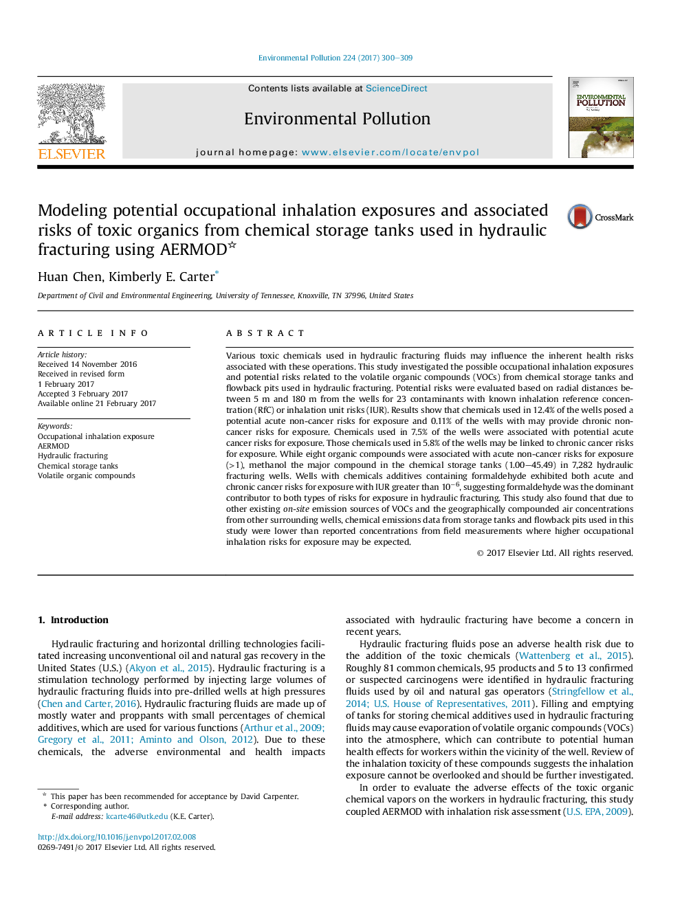 Modeling potential occupational inhalation exposures and associated risks of toxic organics from chemical storage tanks used in hydraulic fracturing using AERMOD