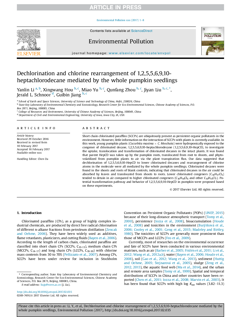 Dechlorination and chlorine rearrangement of 1,2,5,5,6,9,10-heptachlorodecane mediated by the whole pumpkin seedlings