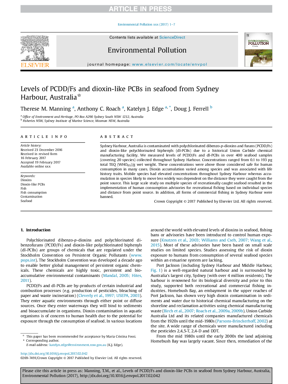 Levels of PCDD/Fs and dioxin-like PCBs in seafood from Sydney Harbour, Australia