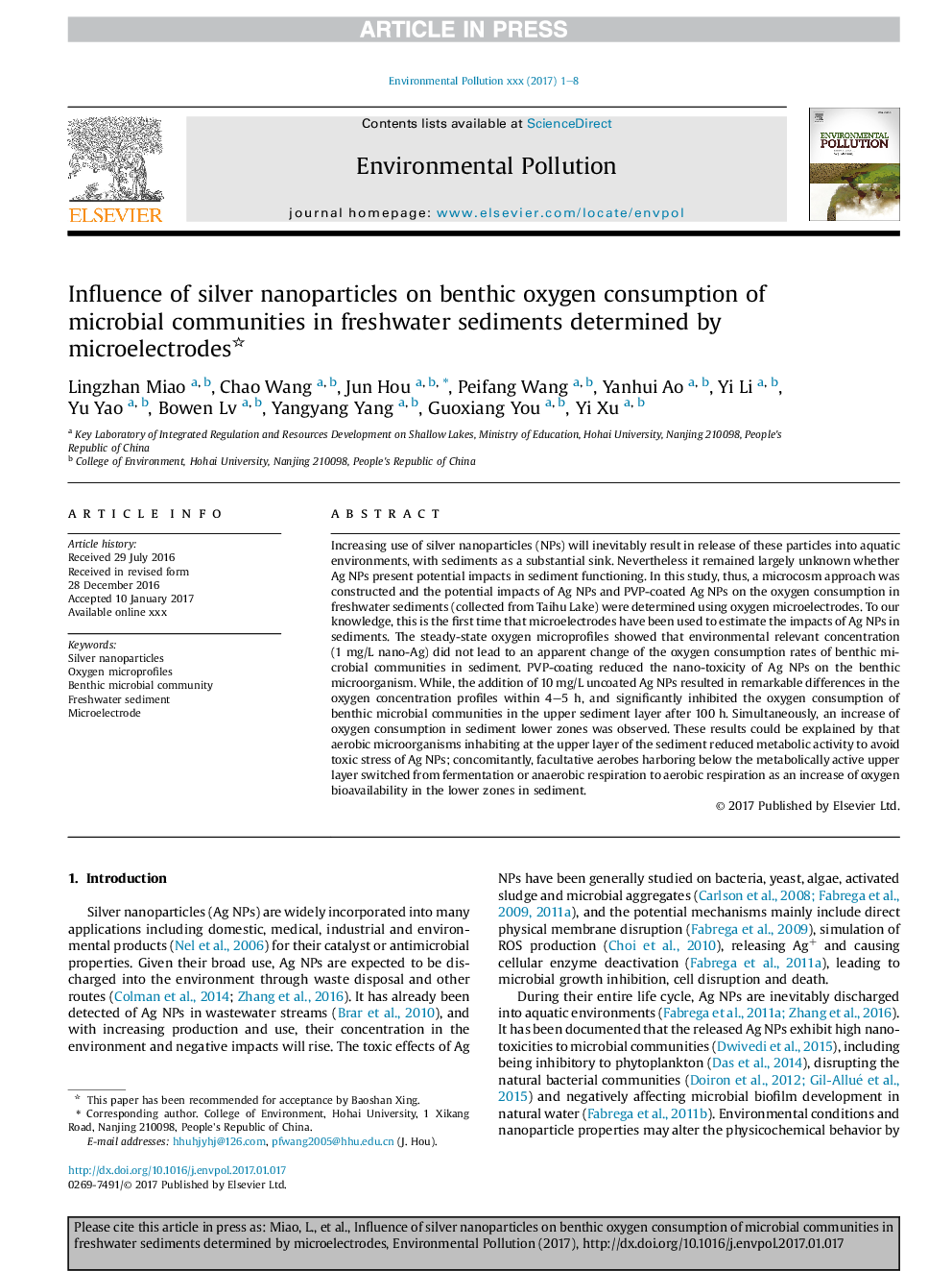 Influence of silver nanoparticles on benthic oxygen consumption of microbial communities in freshwater sediments determined by microelectrodes