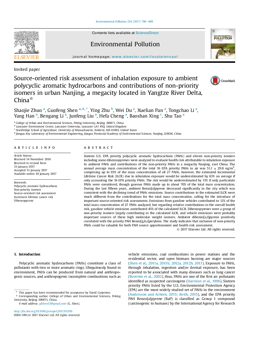 عکس صفحه اول مقاله: Invited paperSource-oriented risk assessment of inhalation exposure to ambient polycyclic aromatic hydrocarbons and contributions of non-priority isomers in urban Nanjing, a megacity located in Yangtze River Delta, China Invited paperSource-oriented risk assessment of inhalation exposure to ambient polycyclic aromatic hydrocarbons and contributions of non-priority isomers in urban Nanjing, a megacity located in Yangtze River Delta, China
