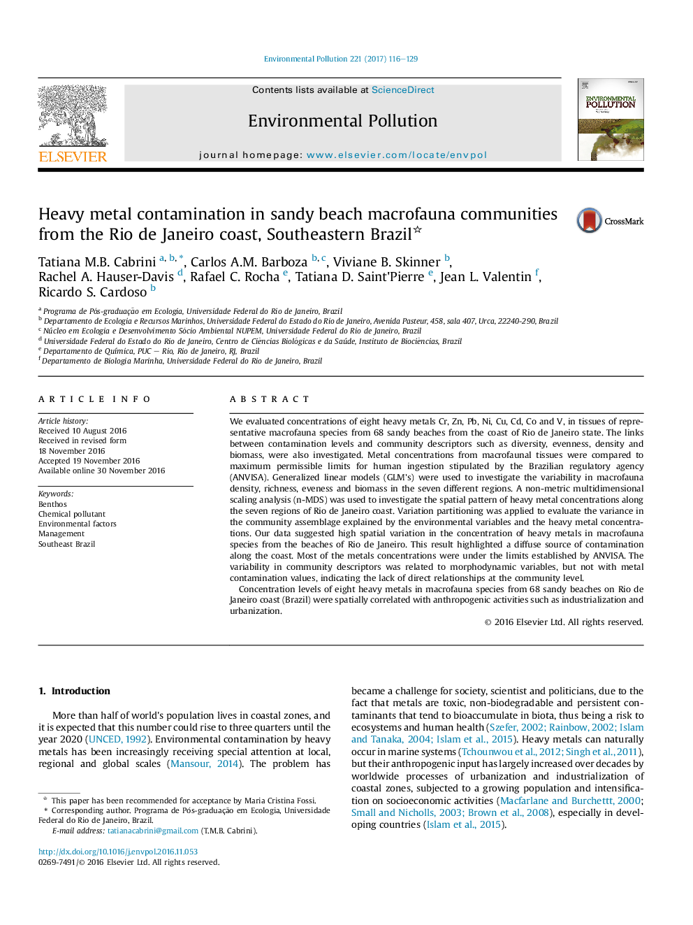 Heavy metal contamination in sandy beach macrofauna communities from the Rio de Janeiro coast, Southeastern Brazil