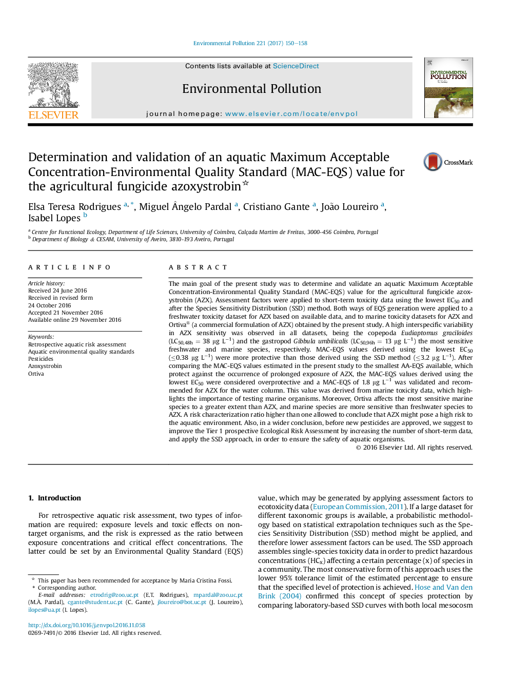 Determination and validation of an aquatic Maximum Acceptable Concentration-Environmental Quality Standard (MAC-EQS) value for the agricultural fungicide azoxystrobin