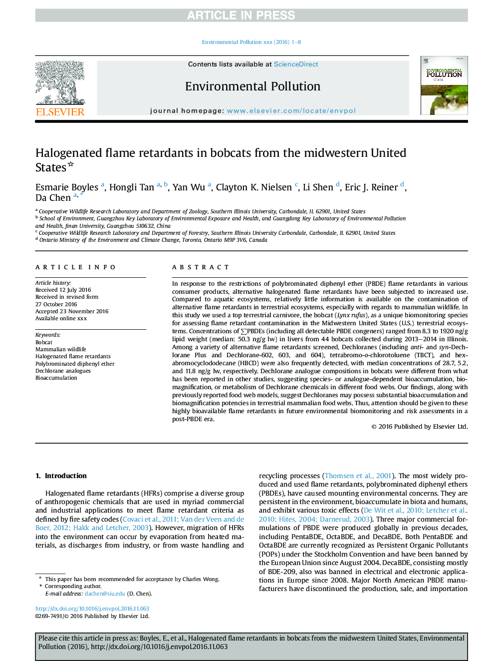 Halogenated flame retardants in bobcats from the midwestern United States