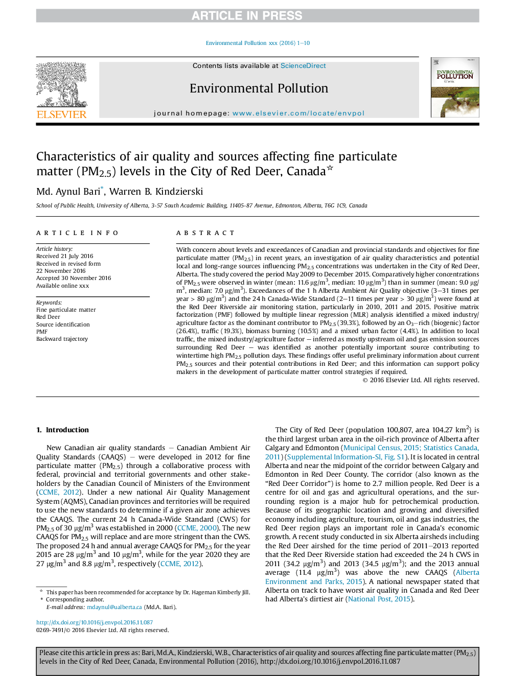 Characteristics of air quality and sources affecting fine particulate matter (PM2.5) levels in the City of Red Deer, Canada