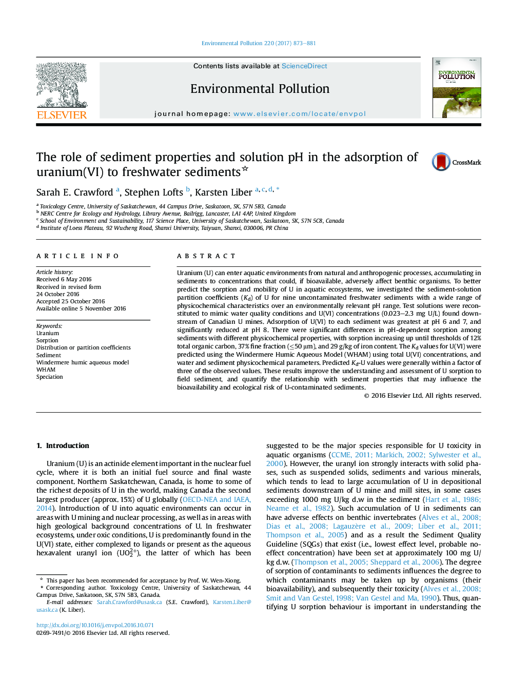 The role of sediment properties and solution pH in the adsorption of uranium(VI) to freshwater sediments