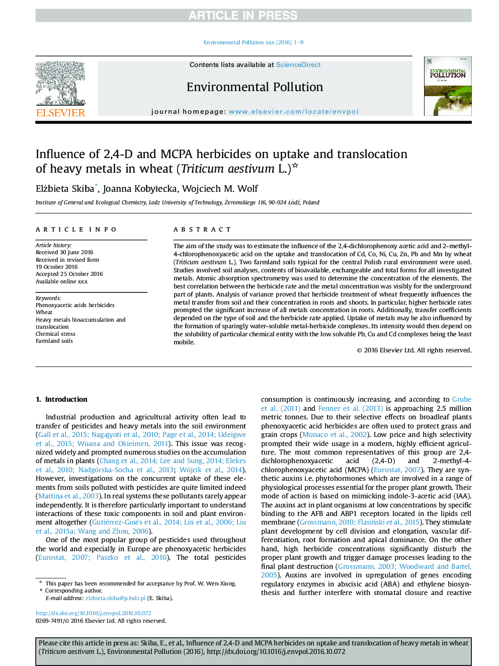 Influence of 2,4-D and MCPA herbicides on uptake and translocation of heavy metals in wheat (Triticum aestivum L.)